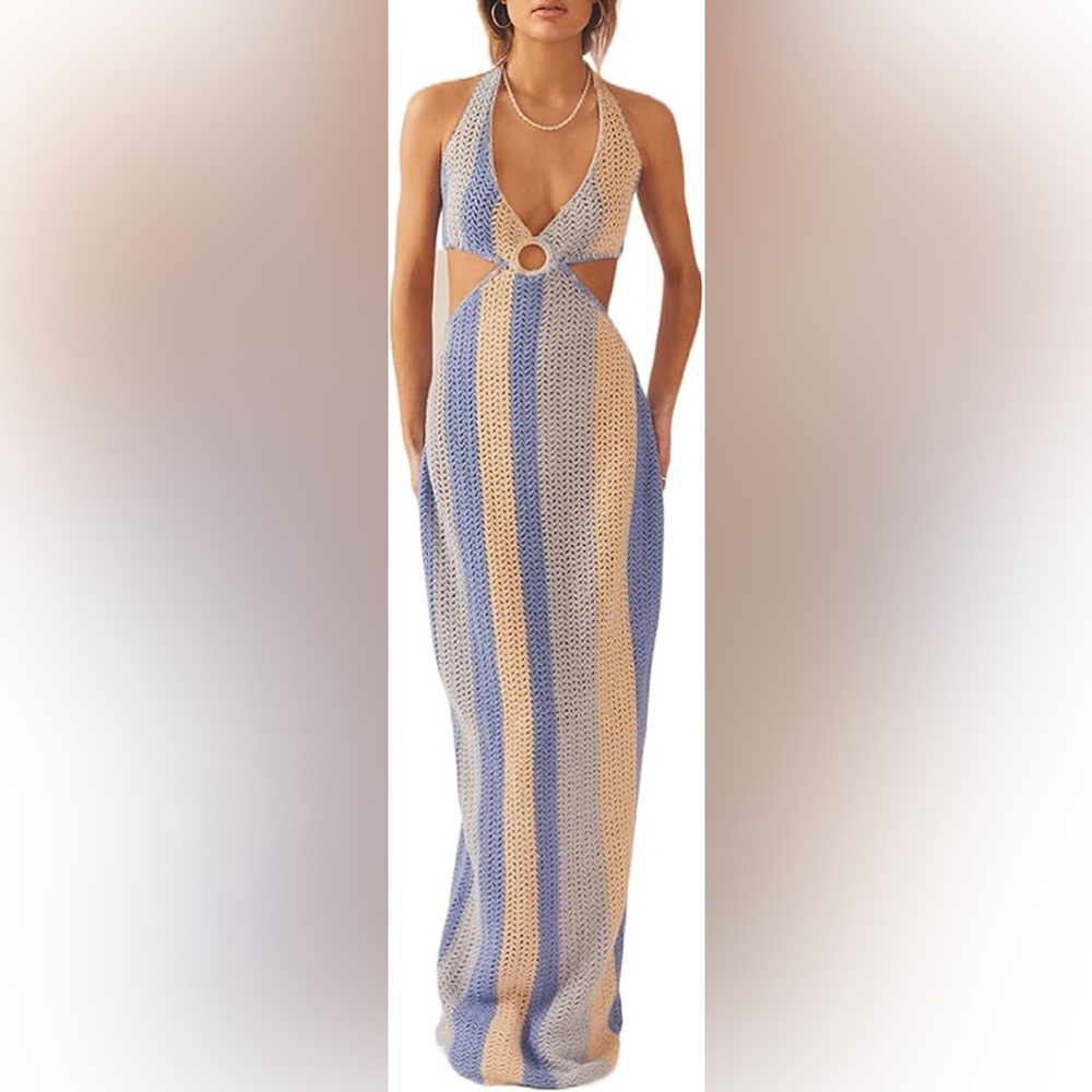 Striped Halter Maxi Dress with Ring Detail in Blue & Cream